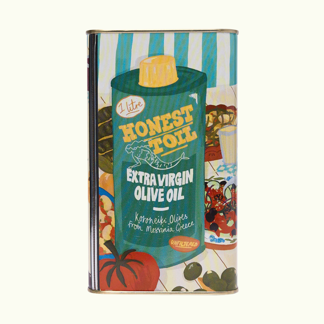 A 1 litre can of extra virgin olive oil with illustrated packaging featuring various foods and the brand 'Honesty Toll'.