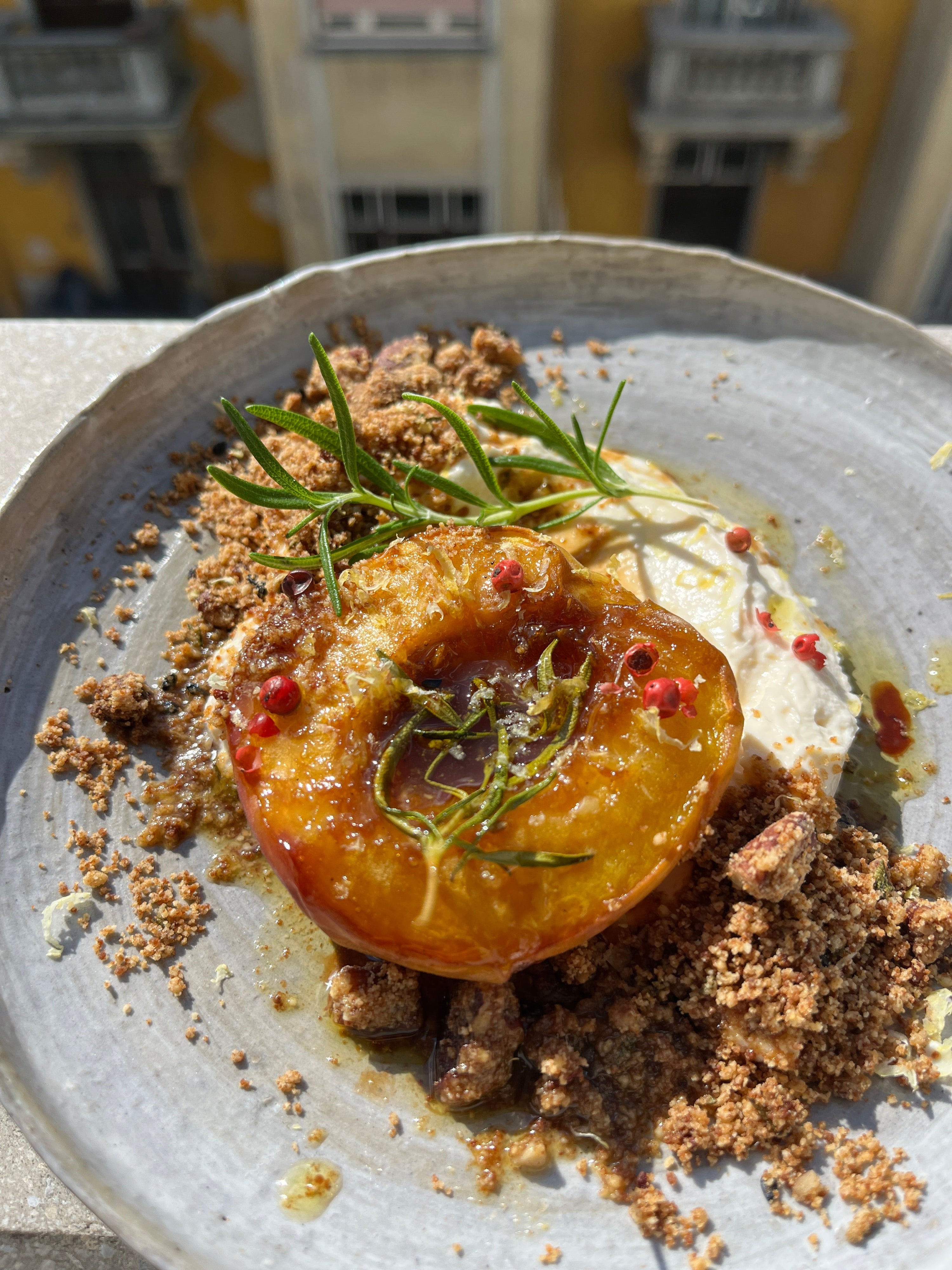 Deconstructed roast peach cheesecake by Evi