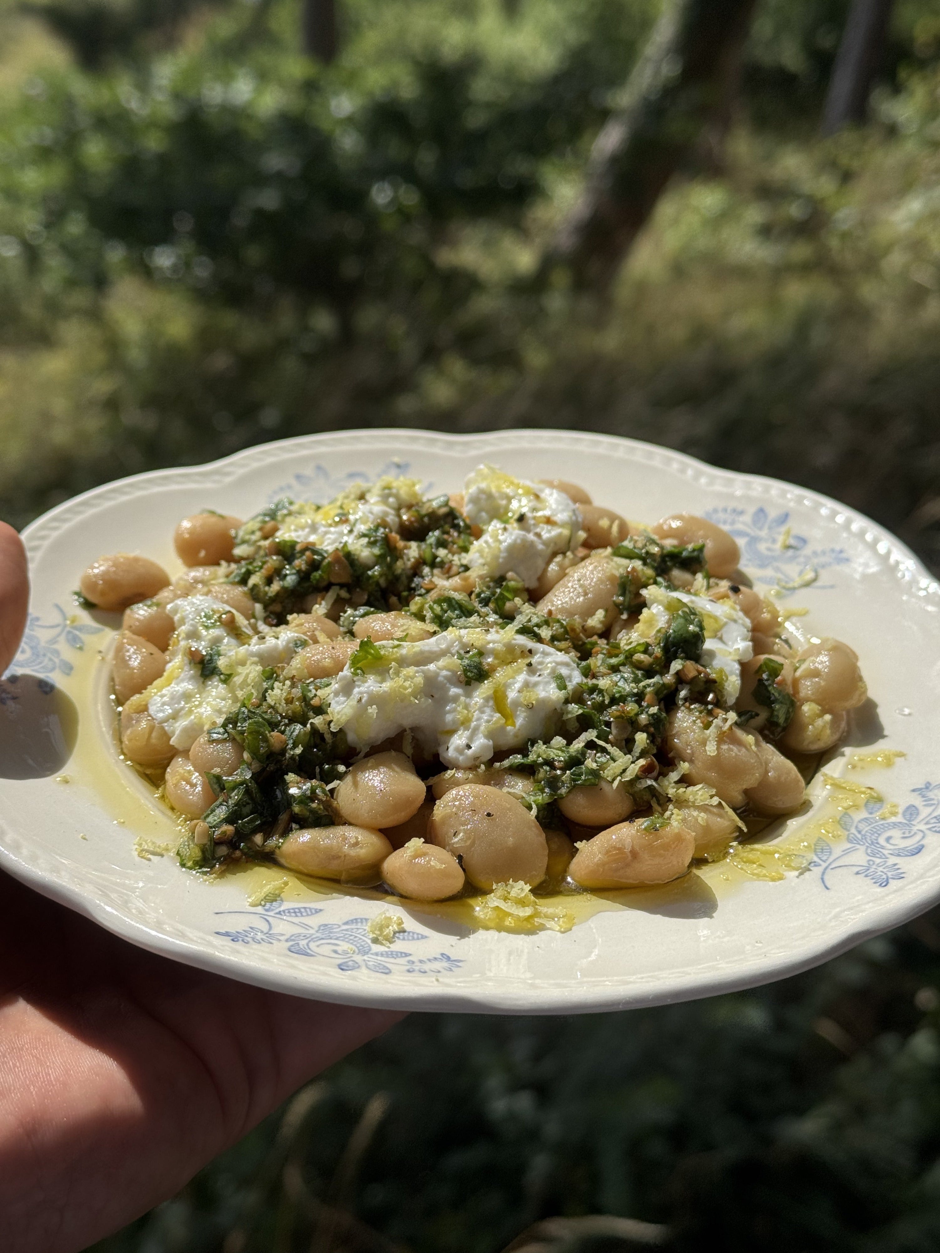 Butter beans with ricotta and basil sunflower seed pesto, shared outdoors with Honest Toil olive oil