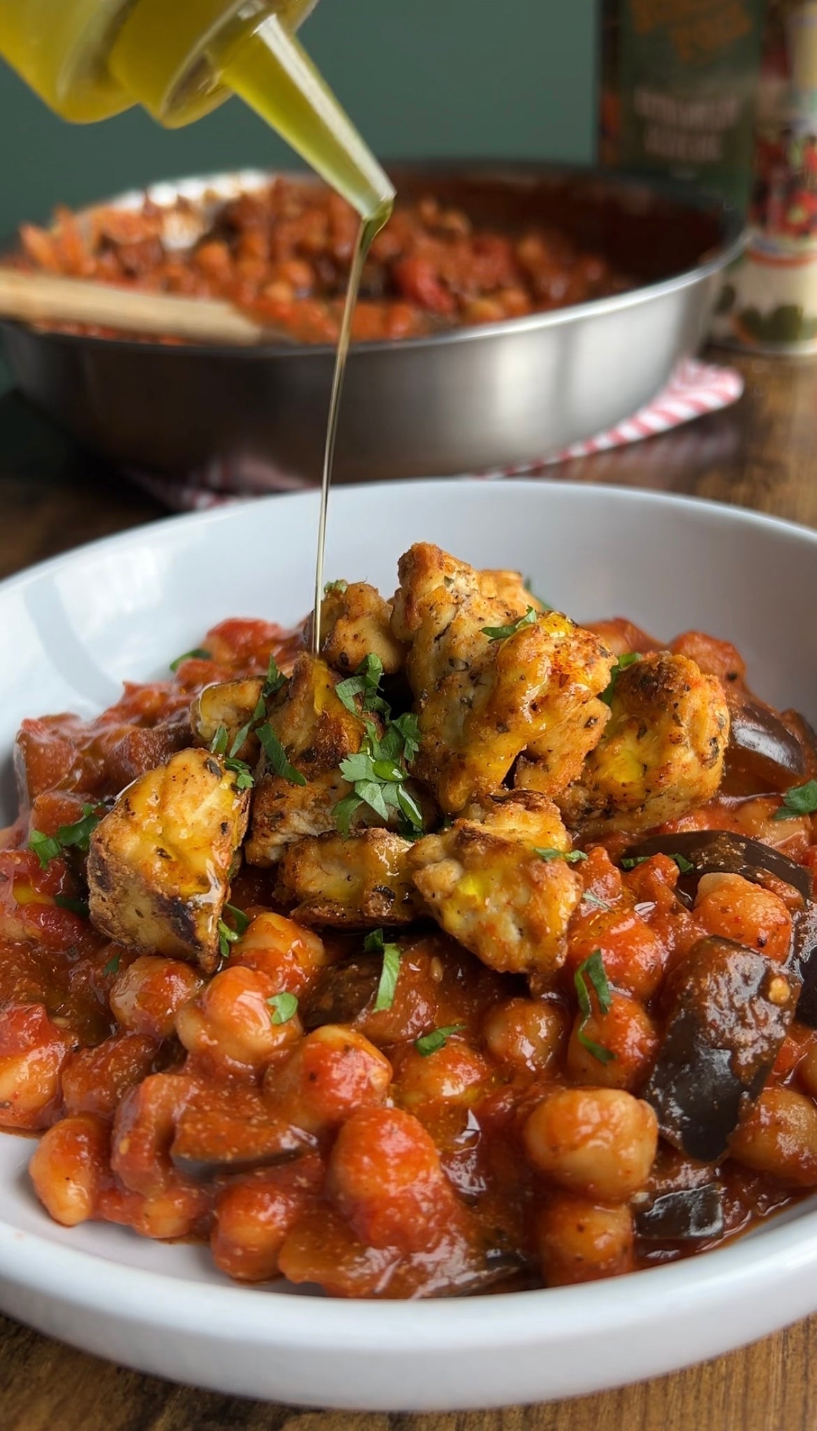 Vegan harissa chickpeas with crispy tofu, high in plant protein and fibre, finished with Honest Toil olive oil