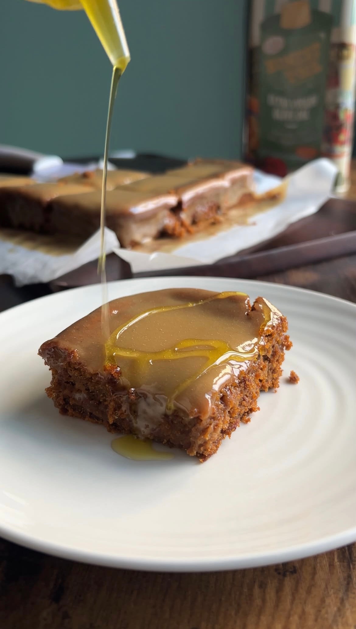 Vegan pumpkin olive oil cake with tahini drizzle, finished with a pour of Honest Toil olive oil