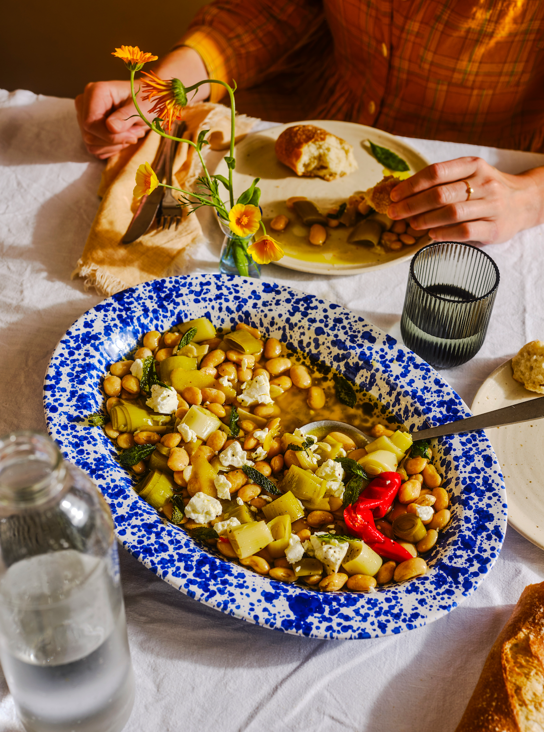 Olive Oil Braised Leeks with Butterbeans and Sizzled Mint - by Anna Shepherd