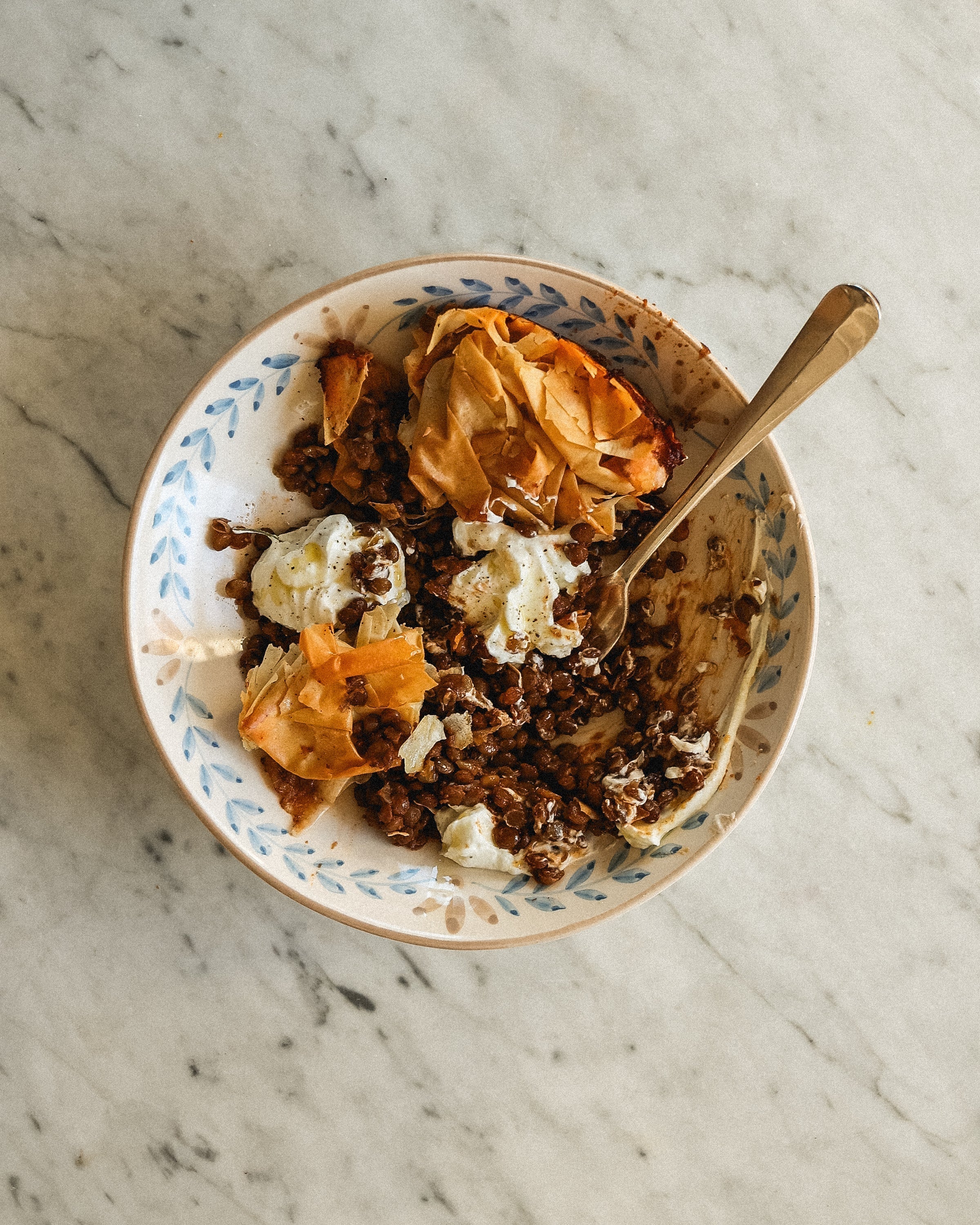 Crispy Phyllo-Topped Braised Lentils - by Allegra