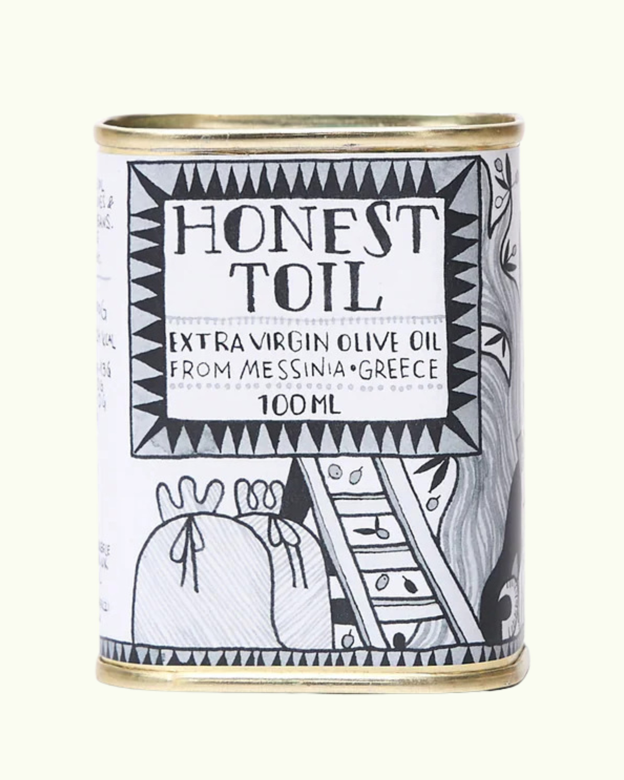 A tin of Honest Toil 100ml extra virgin olive oil with a black and white illustrated label, on an off-white background.